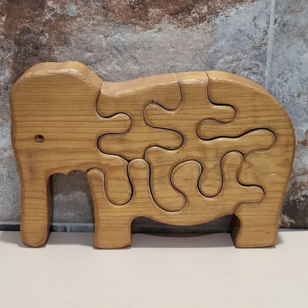 Vintage Standing Handmade Wooden Elephant Jigsaw Puzzle